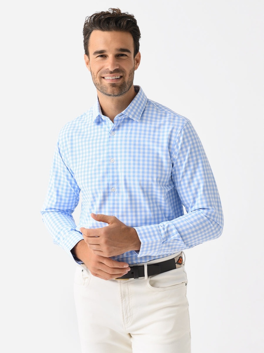 Mizzen+Main Leeward Dress Shirt Light Blue Gingham Check Trim Fit Mens Sz. XXL